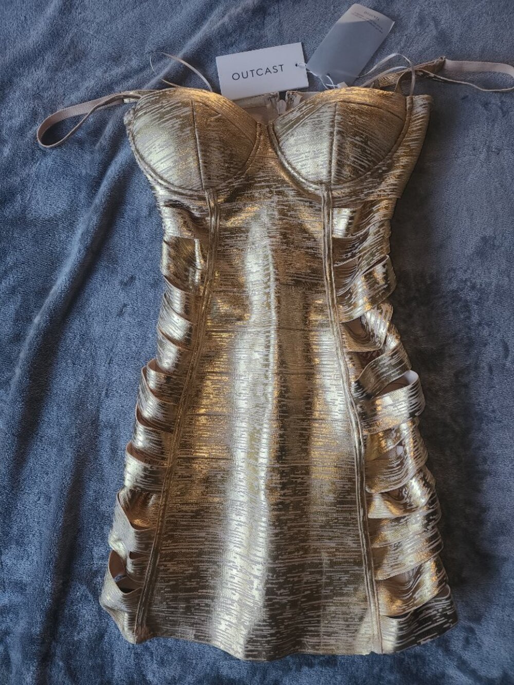 OUTCAST CLOTHING NWT Evalon Gold Bandage Cutout Mini Dress XS